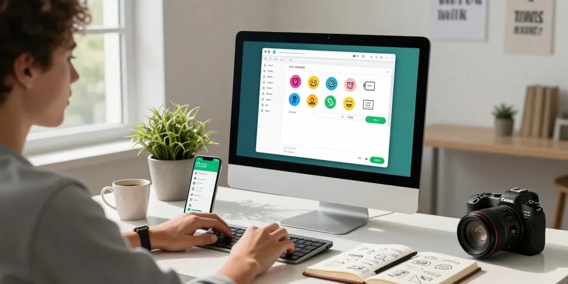 在桌面电脑上使用WhatsApp Web，配有生动的聊天界面、咖啡杯和现代工作空间元素。