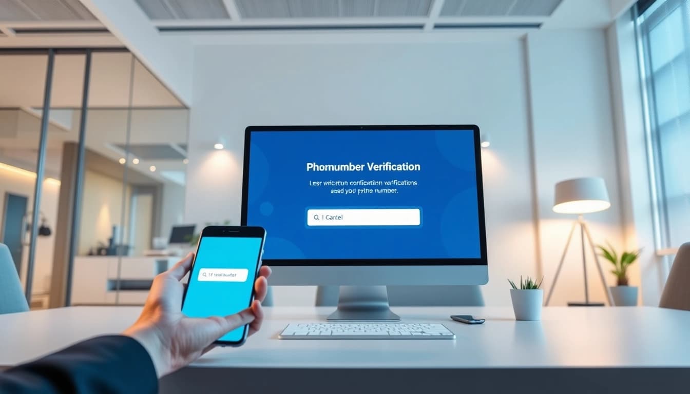 Online phone number verification demonstrated with a professional using a smartphone and computer in a modern office.