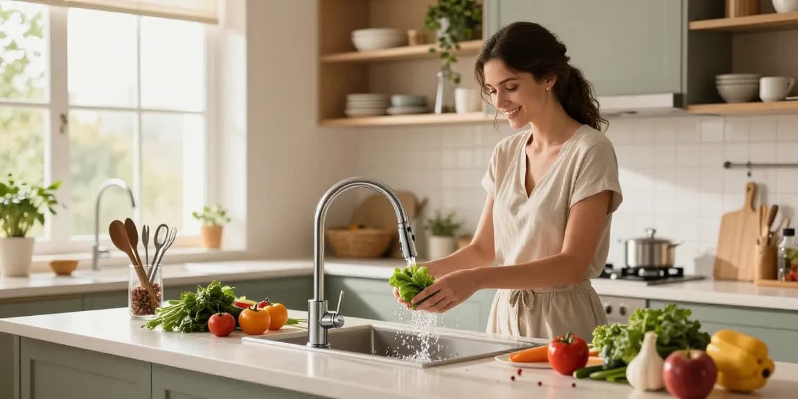 Woman rinsing vegetables with stylish kitchen faucets in a modern kitchen setting.