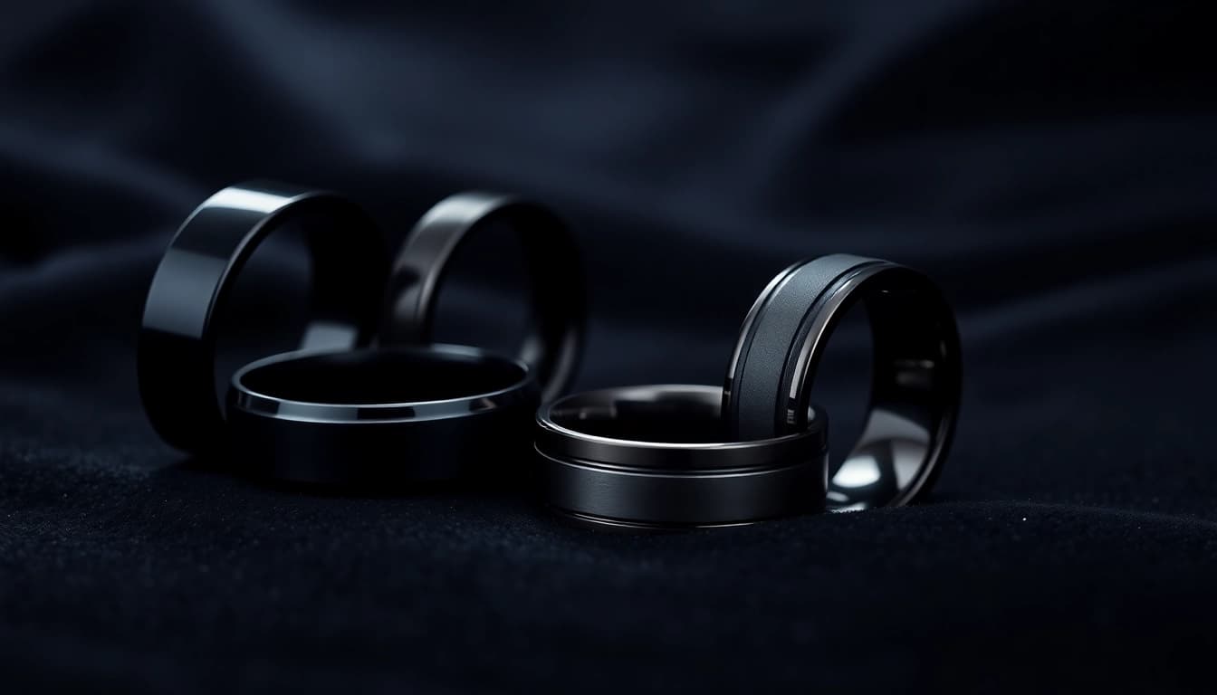 Showcasing elegant black wedding rings for men with luxurious textures and modern designs.