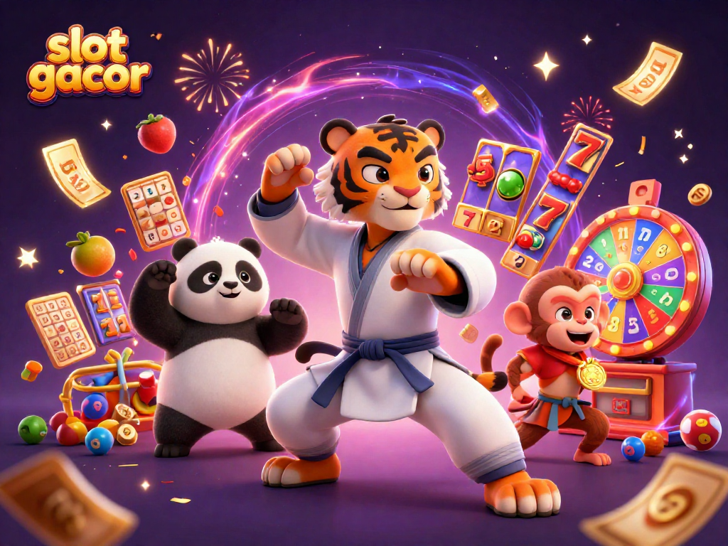 Engage with slot gacor tactics in this vibrant casino-themed scene showcasing colorful slot elements and playful characters.