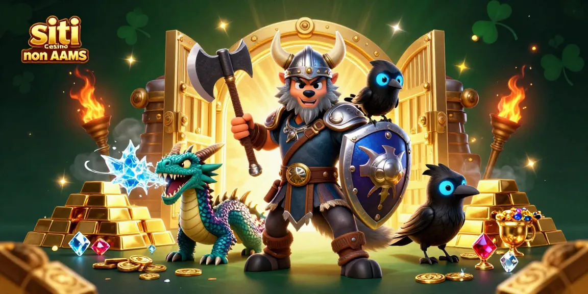 Esplora i siti casino non AAMS con un vichingo guerriero e un drago, circondati da tesori e giochi.