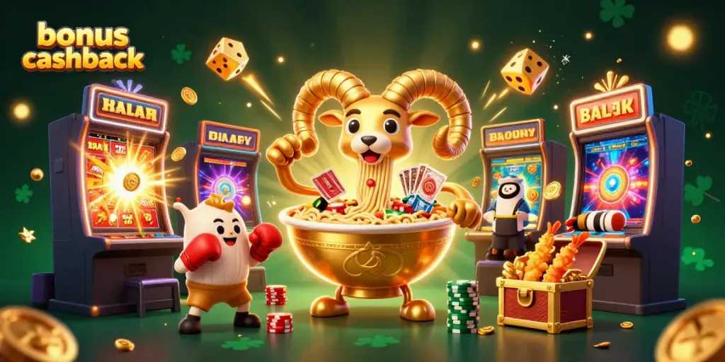 Experience exciting gameplay and bonus cashback at online casinos in this vibrant 3D illustration.