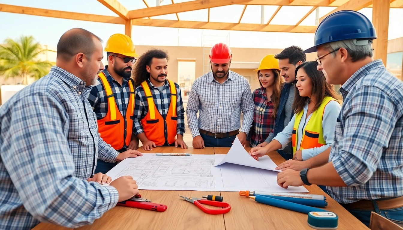 Collaborating southern California contractors association professionals discussing plans at a meeting table.
