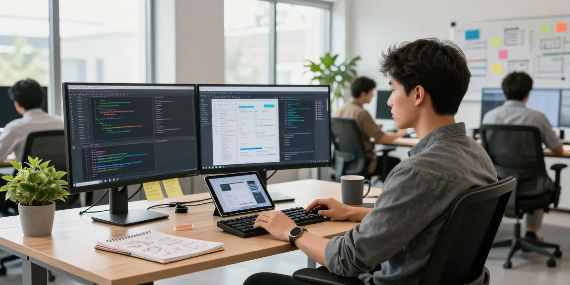 Developers collaborating in a modern workspace with crushon software interfaces on screens.
