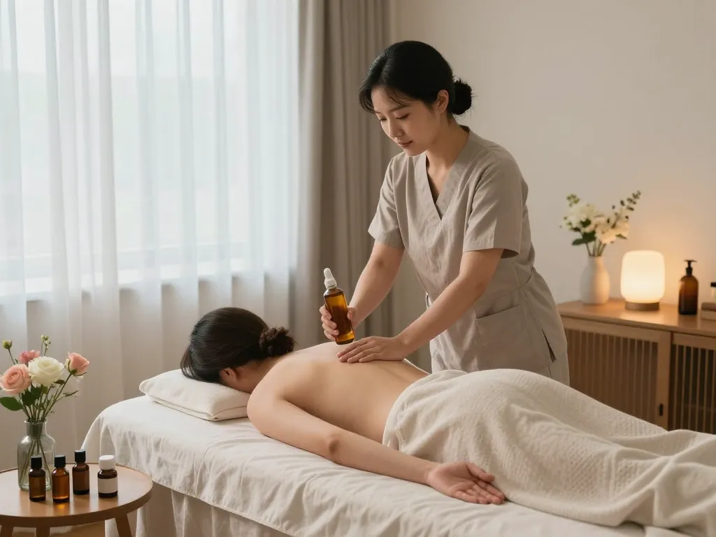 서울출장마사지 in a tranquil home environment, showcasing a therapist providing soothing care with aromatic oils.