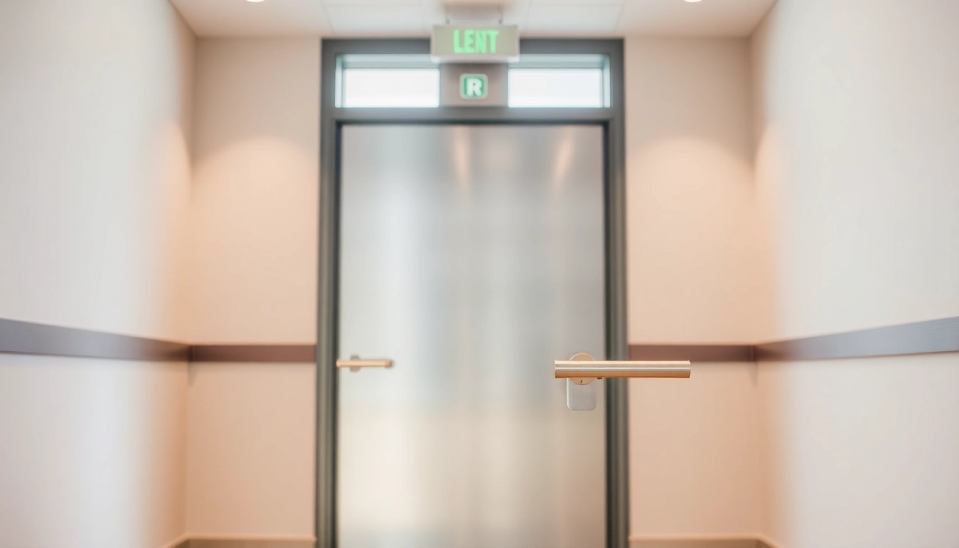 Exit door with panic bar prominently featured in a safe commercial environment setting.