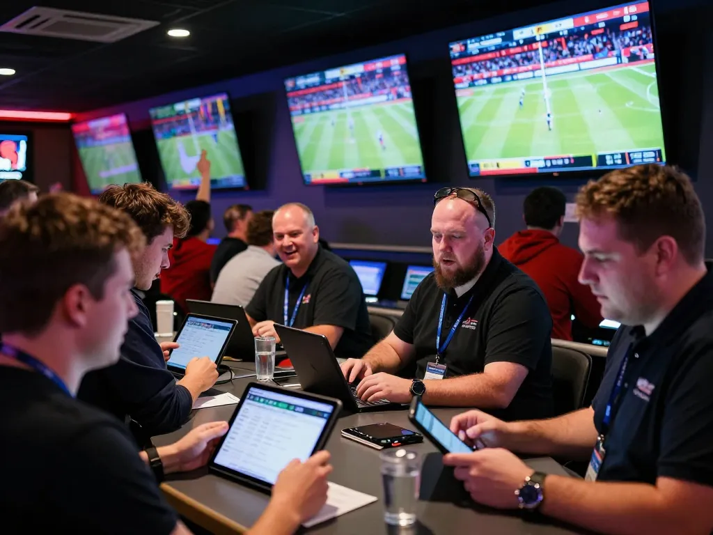 Câu Hỏi Thường Gặp (FAQ) on sports betting with bettors placing wagers in a vibrant sportsbook