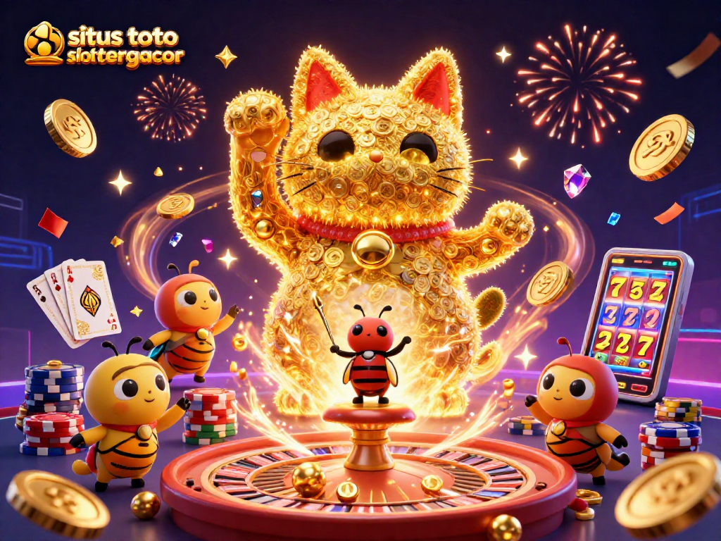 Experience excitement with situs toto slot tergacor, featuring golden fireflies and jackpot elements in a vibrant casino scene.
