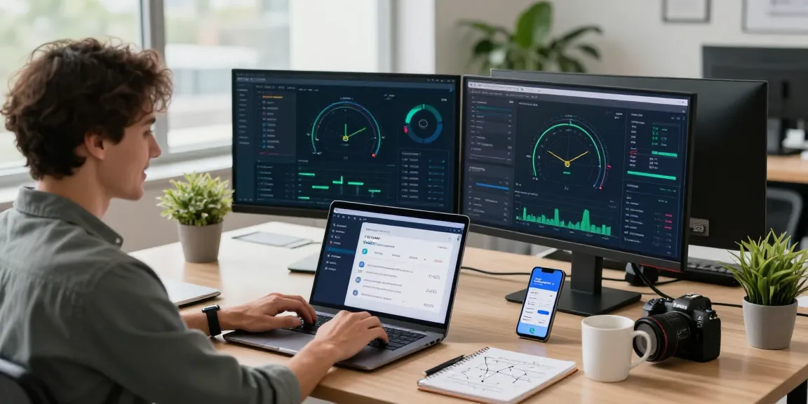 快乐用户在现代科技工作空间中连接快连VPN，周围有多台显示器和自然光。