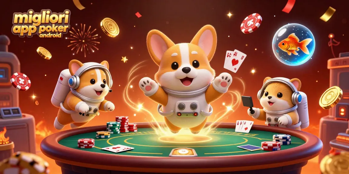Migliori app poker Android: gioca a poker con un delizioso corgi astronauta in una scena dinamica e festosa.
