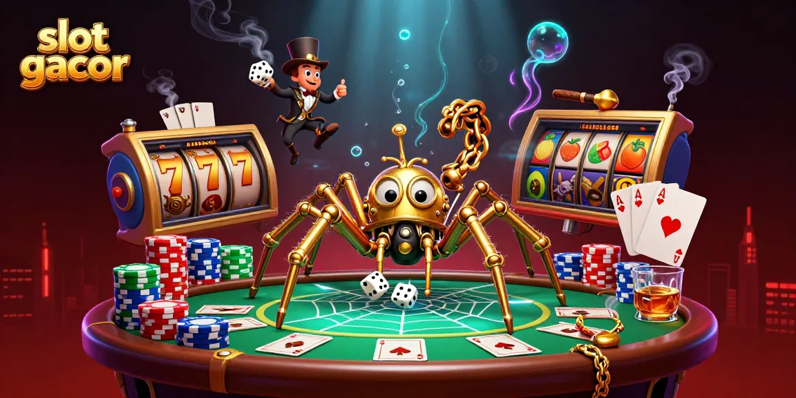 Engaging casino scene showcasing slot gacor wins with a charming steampunk spider and playful fly.