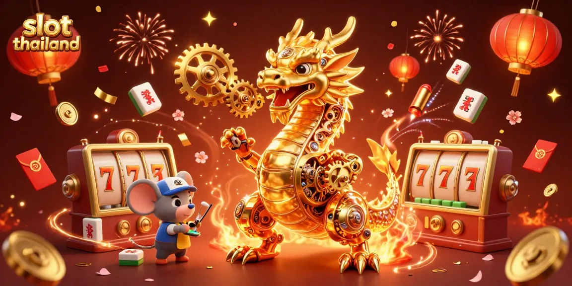 Experience thrilling gameplay at slot thailand with a vibrant 3D scene of slots and lucky symbols.