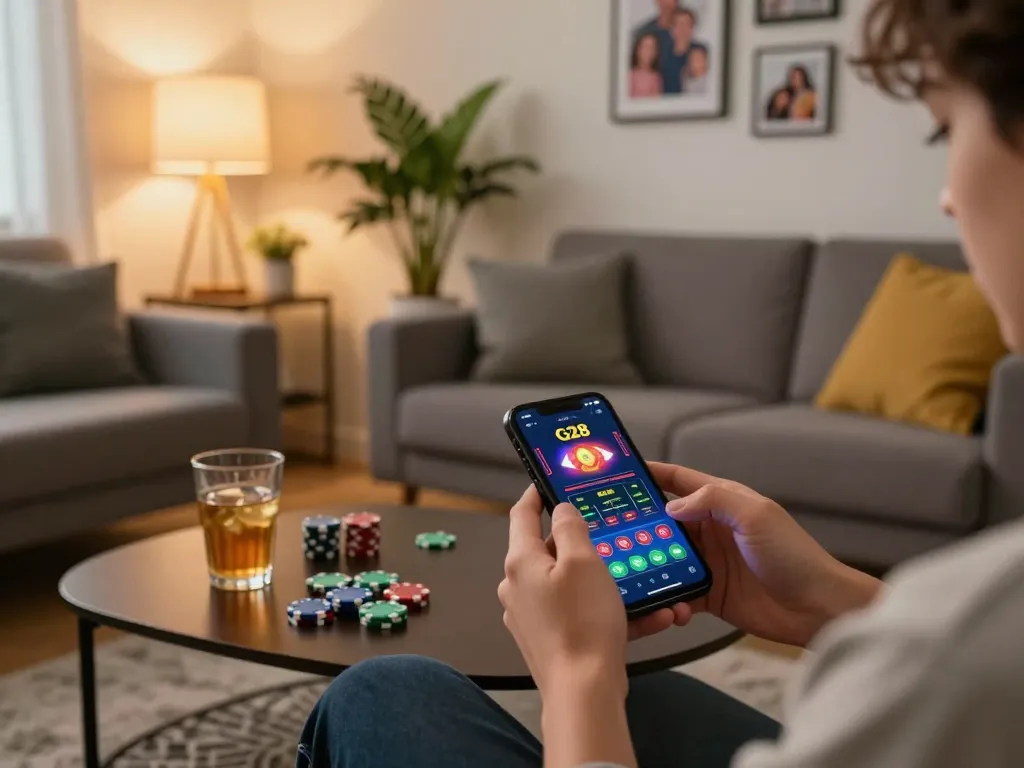 Player enjoying online casino gaming on G28 app in a cozy home setting