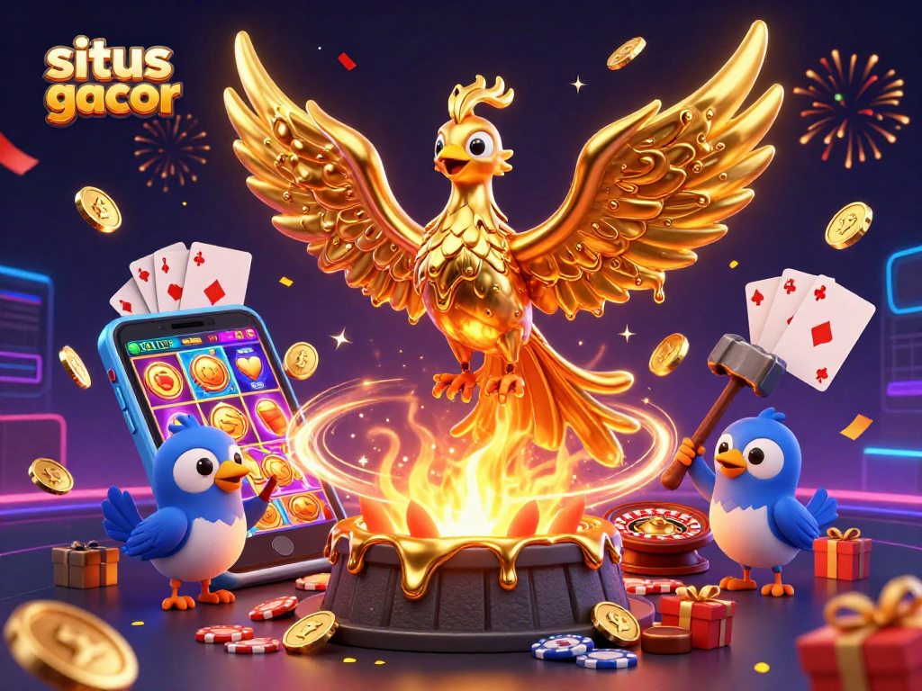 Experience the excitement of situs slot gacor with a golden phoenix, gaming elements, and vibrant visuals.