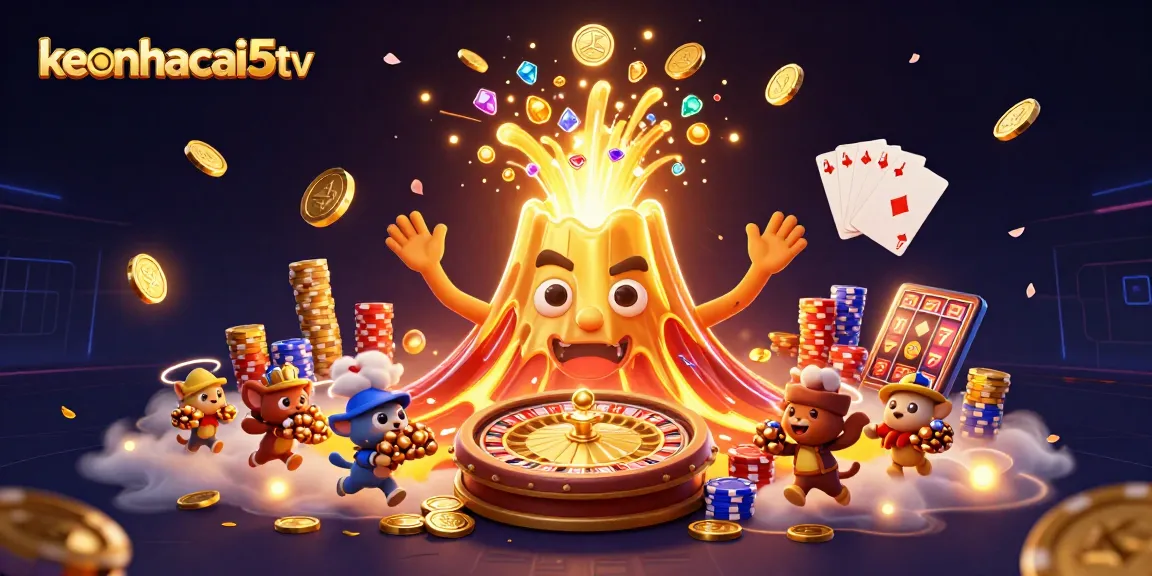 Engage with keonhacai5tv's exciting treasure eruption from a golden volcano in a vibrant casino scene.