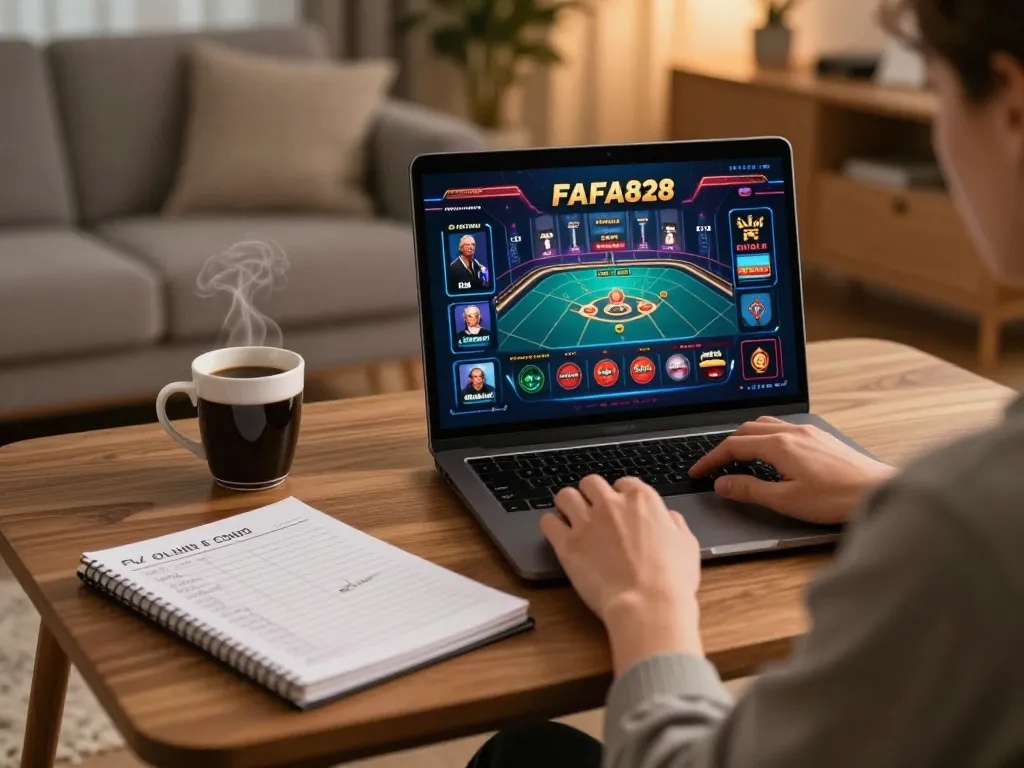 FAFA828 online gameplay session showcasing strategic notes and cozy atmosphere for responsible gambling.