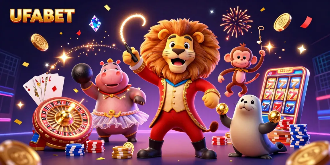Experience the thrill of UFABET with whimsical characters and dazzling casino elements in a vibrant digital scene.