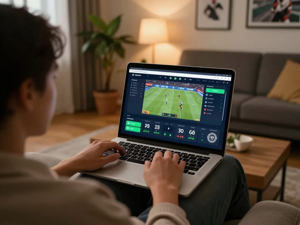 Câu Hỏi Thường Gặp (FAQ) on sports betting app displayed on a laptop in a cozy living room