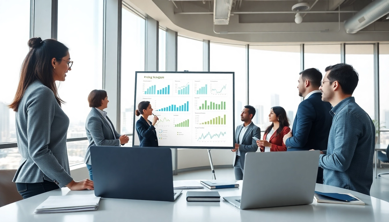 Find competitor pricing strategies with professionals analyzing data in a modern office.