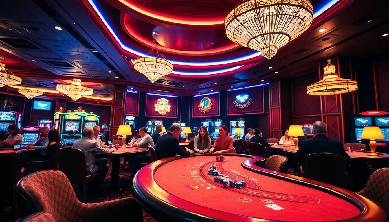 Menampilkan suasana qq8821 di kasino dengan pemain poker terlibat dan lampu neon yang cerah.