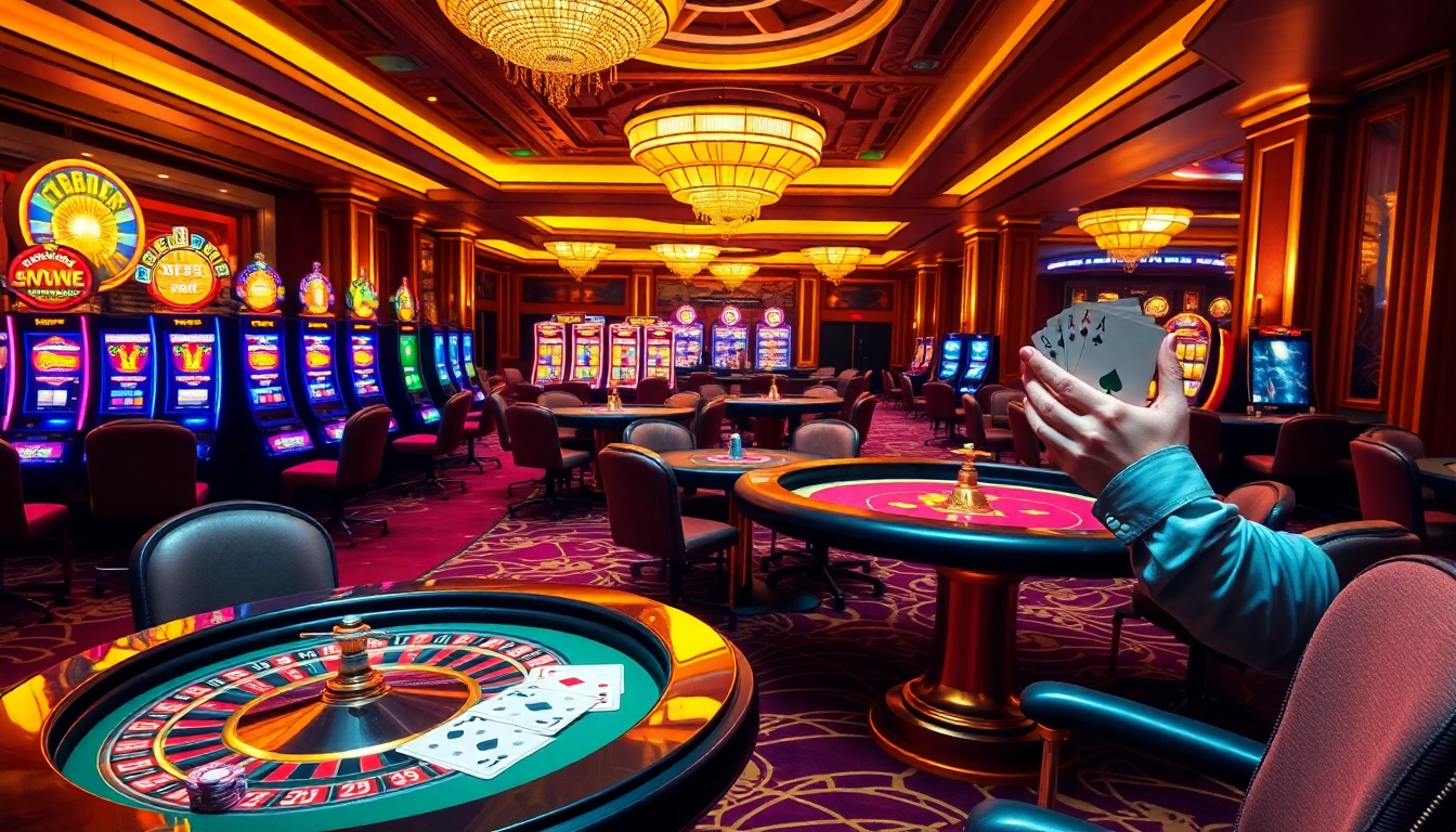 KPI4D players celebrating a winning hand at a vibrant casino with poker chips and slot machines.