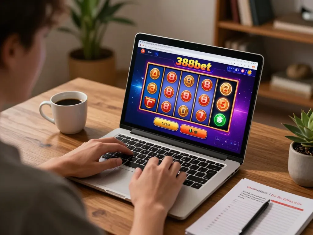 Engaged player enjoying 388bet online casino slots from home, showcasing a vibrant gaming setup.