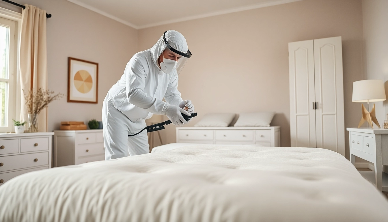 Exterminator applying bed bug chemical treatment to eliminate pests effectively.