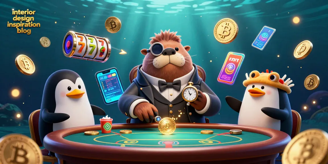Engaging scene of a walrus and penguin at an underwater poker table representing the interior design inspiration blog theme.
