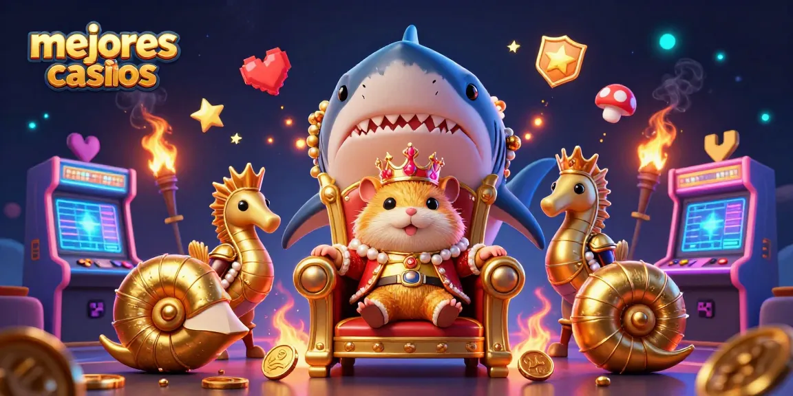 Ilustración 3D de los mejores casinos, con un pequeño rey hámster en un trono rodeado de elementos de juego vibrantes.