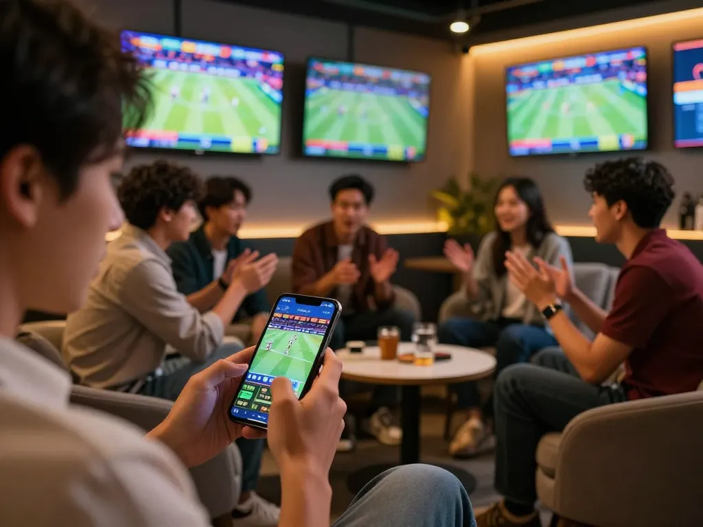 Person using a smartphone for siti di scommesse stranieri while friends cheer in a lively sports bar