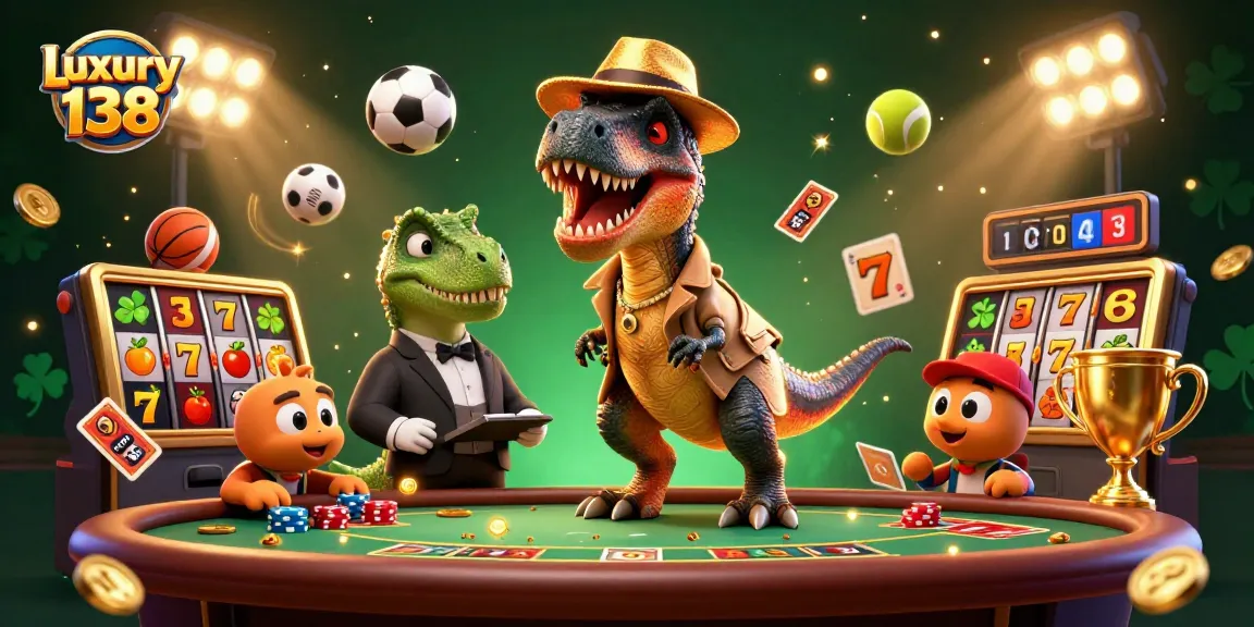 Experience excitement at Luxury 138 with a 3D velociraptor at a blackjack table, capturing the thrill of gaming.