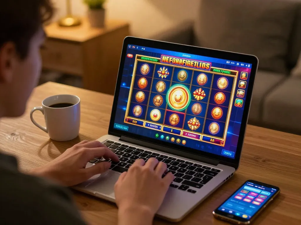Player engaged in slot bet gaming session on laptop in a cozy atmosphere