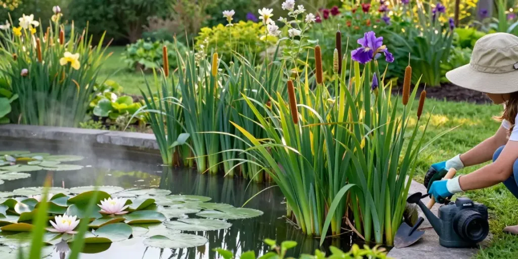Buy Marginal Pond Plants in a beautiful garden setting with diverse greenery and a tranquil pond.