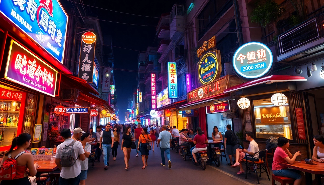 Vibrant nightlife scene in Ho Chi Minh City showcasing 호치민밤문화 with bustling bars and neon lights.