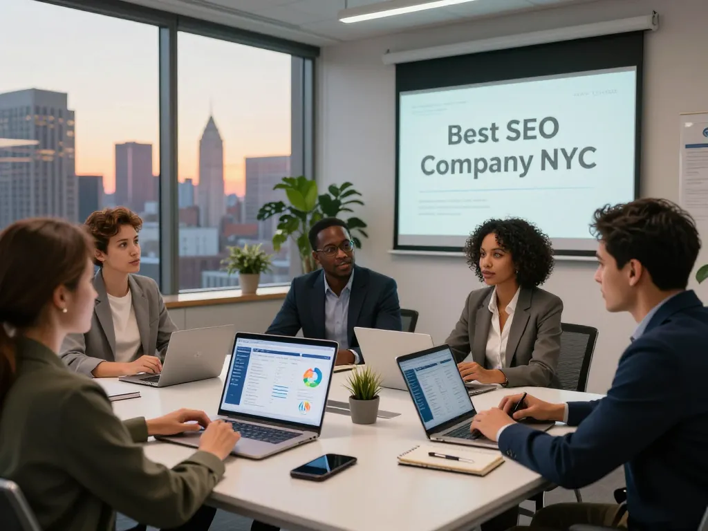 Meeting among diverse professionals strategizing as the Best SEO Company NYC, showcasing analytics and NYC skyline.