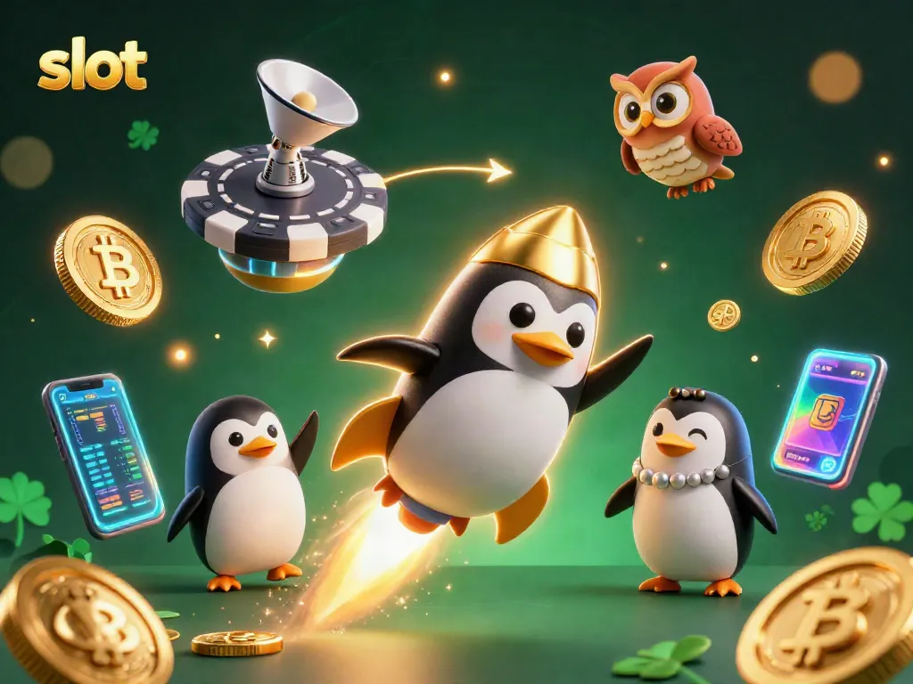 Slot dalam ilustrasi 3D menunjukkan penguin emas bertenaga roket di luar angkasa.