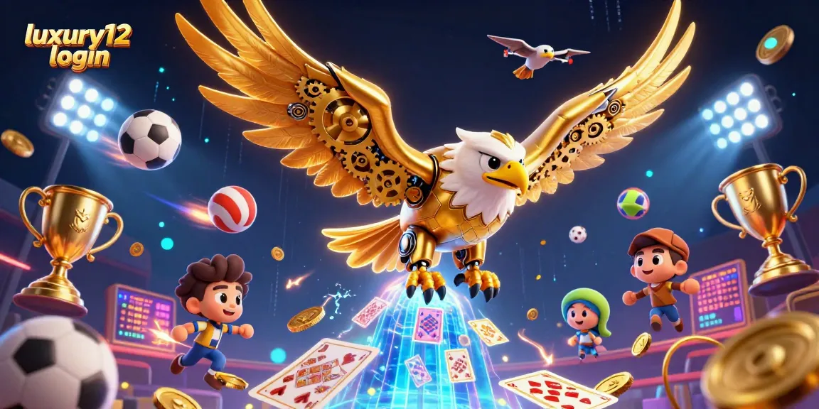 Experience luxury12 login like never before with this vibrant 3D casino scene featuring dynamic sports balls and holographic cards.