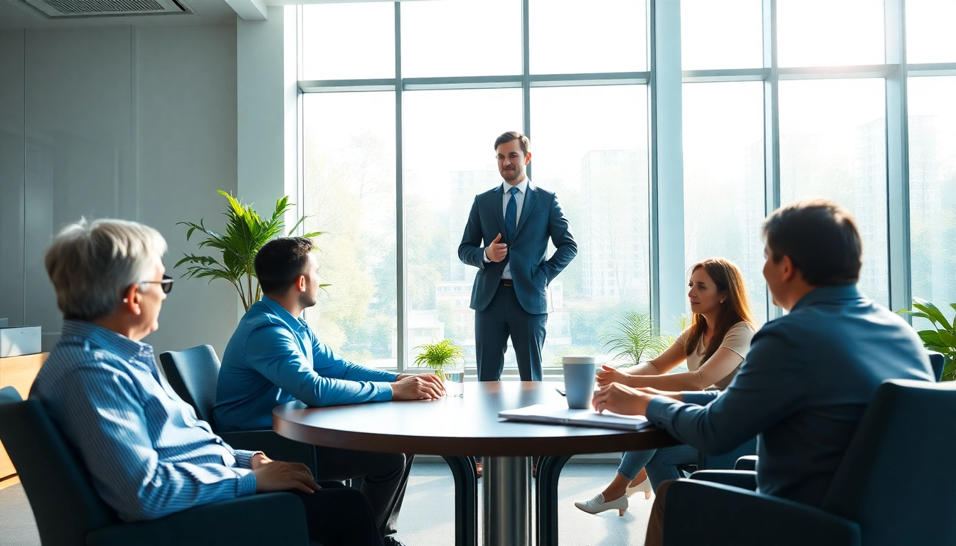 Corporate coach engaging with clients in a professional setting to enhance team collaboration.