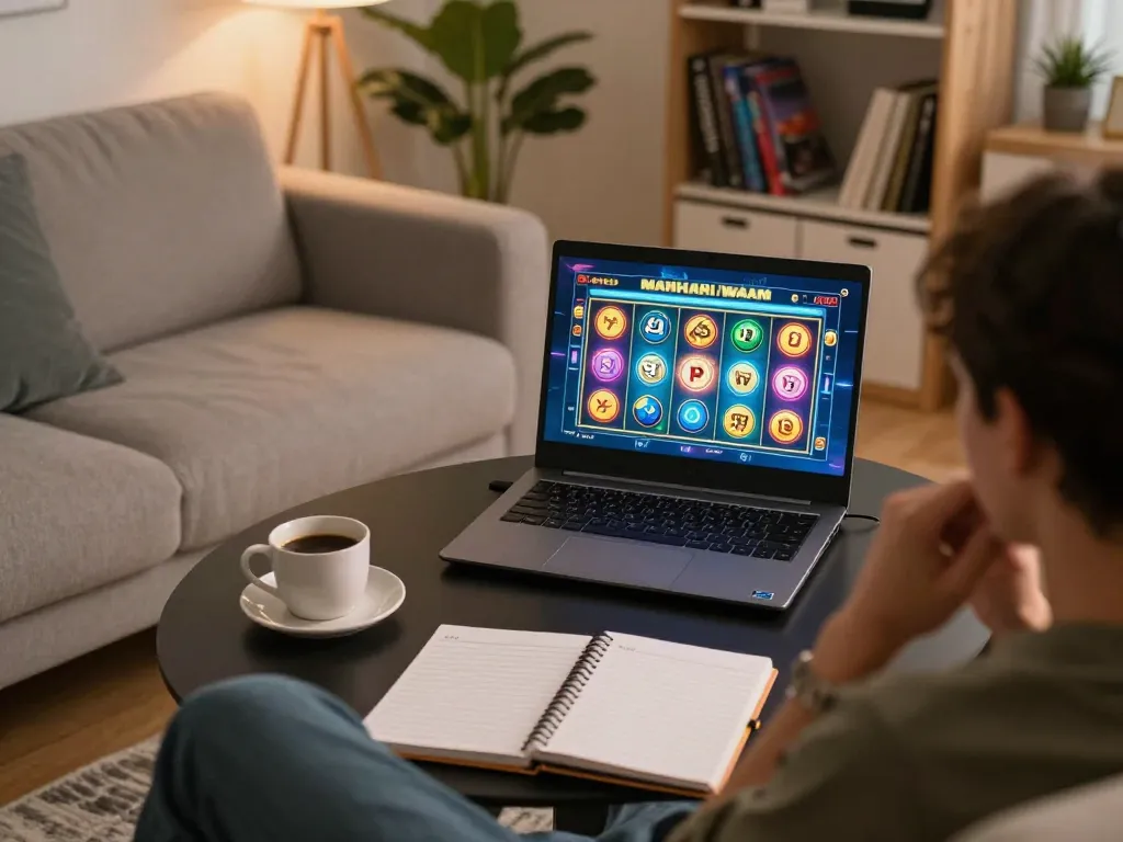 Engaging gameplay of slot mahjong on a laptop in a cozy gaming setup