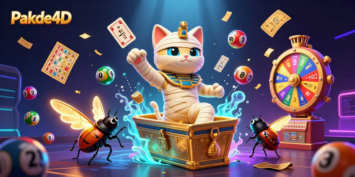 Experience the thrill of Pakde4D with a dynamic illustration of a mummy cat and exciting lottery elements.