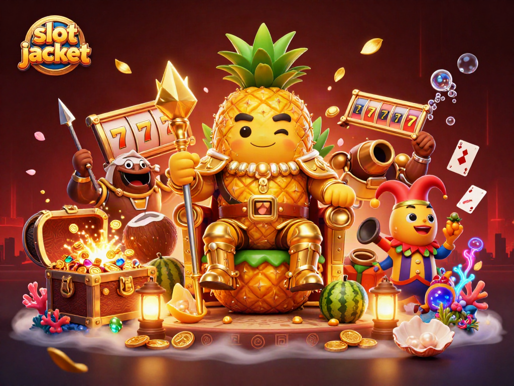 Experience the thrill of slot jackpots with a vibrant scene featuring a golden pineapple king and colorful casino elements.