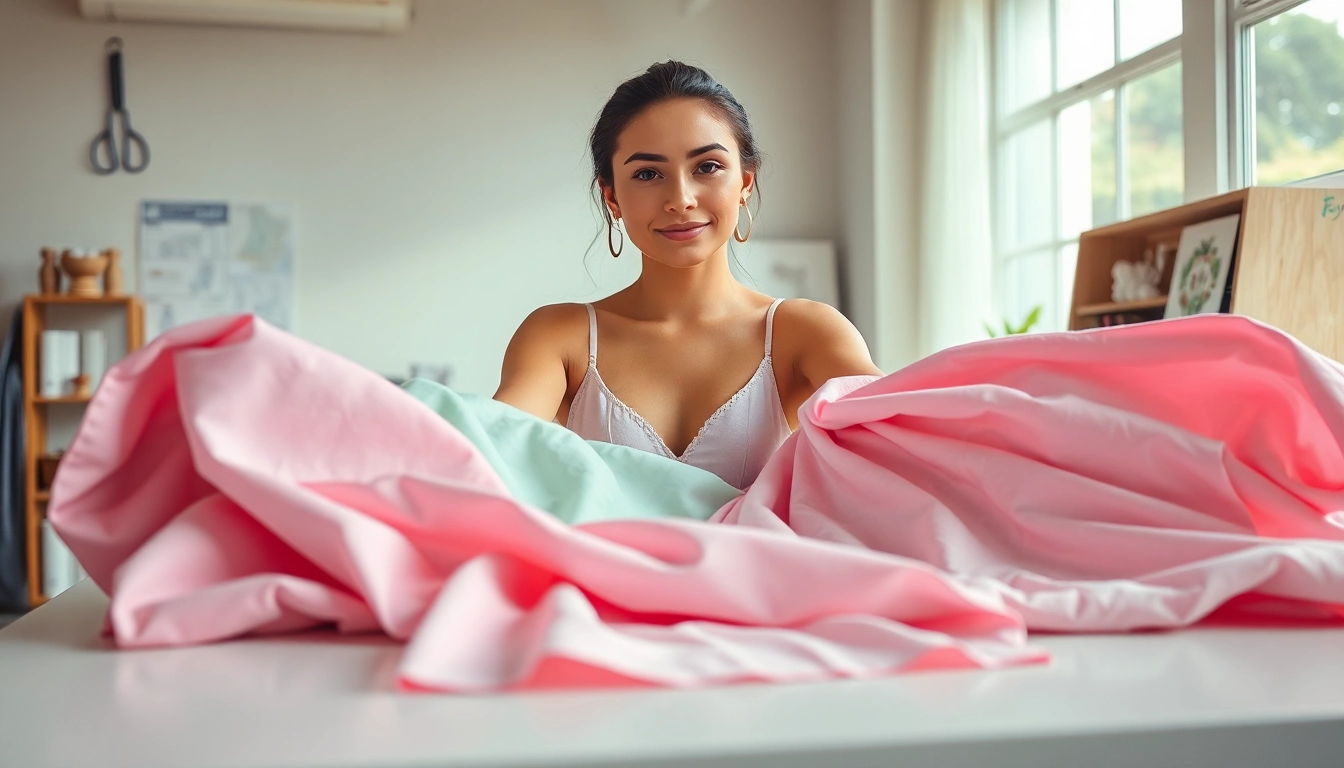 Dames stoffen online in een stijlvolle naaistudio, met hoogwaardige stoffen en accessoires zichtbaar.