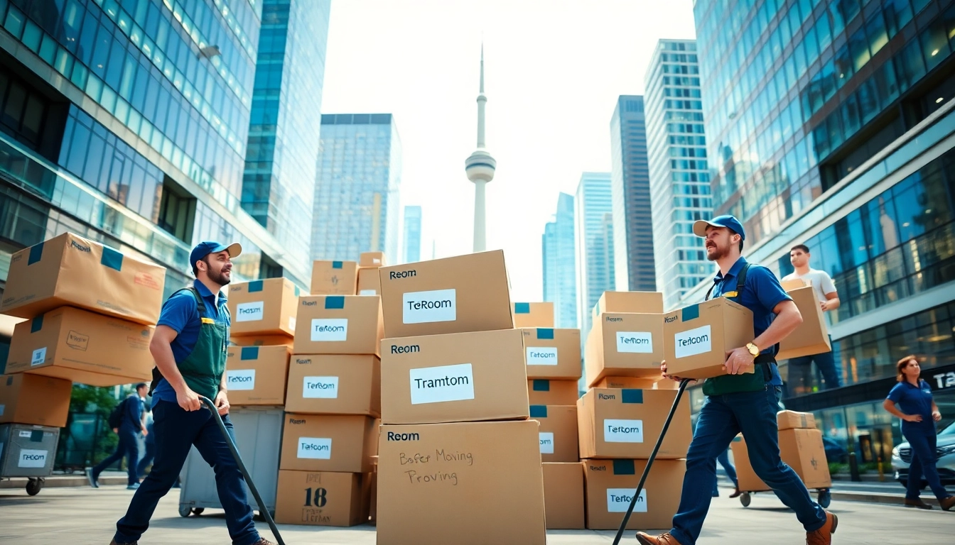 Toronto movers efficiently handling boxes in a bustling urban environment, showcasing teamwork.