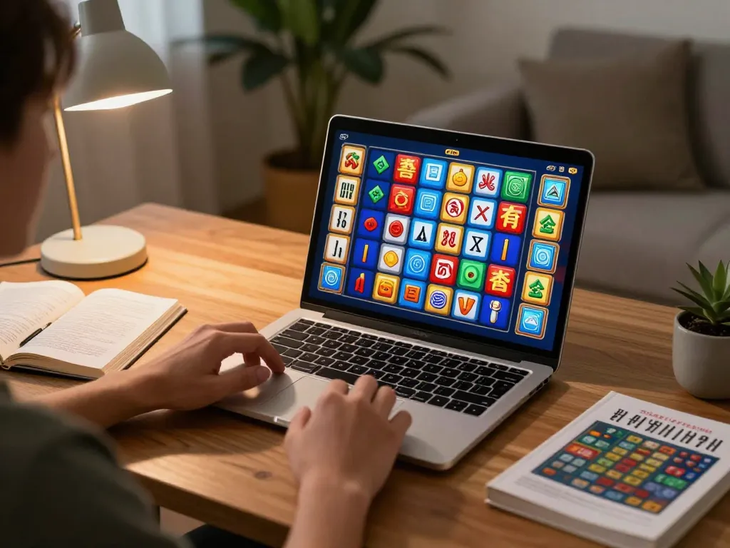 Playing Mahjong Slot on a laptop in a cozy home setting, showcasing vibrant game symbols and strategic notes.