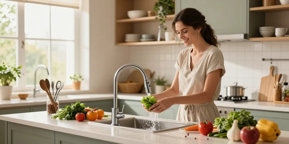 Woman rinsing vegetables with stylish kitchen faucets in a modern kitchen setting.