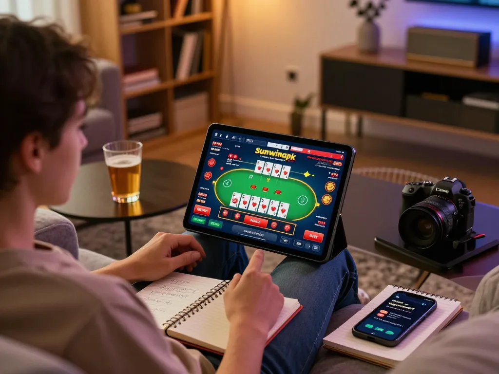Engaging scene of a player utilizing the sunwinapk app on a tablet for strategic online blackjack gameplay in a cozy living room.