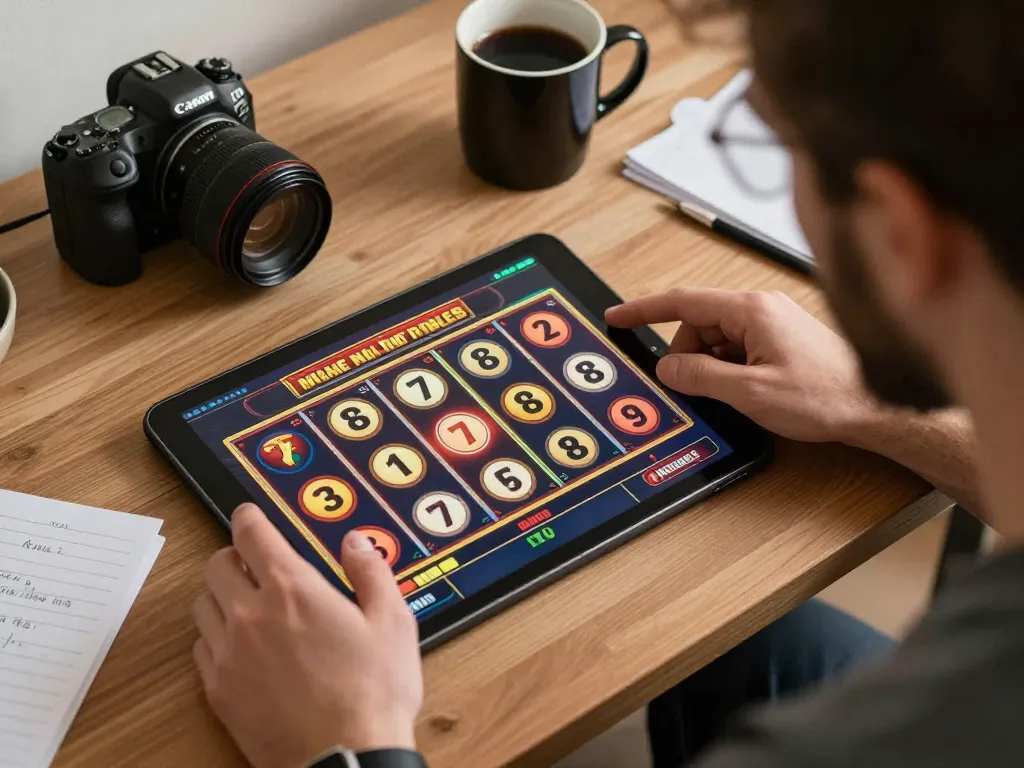 Player enjoying an online slot game session with vibrant visuals on their tablet while practicing responsible gaming strategies at home, link gacor featured prominently.