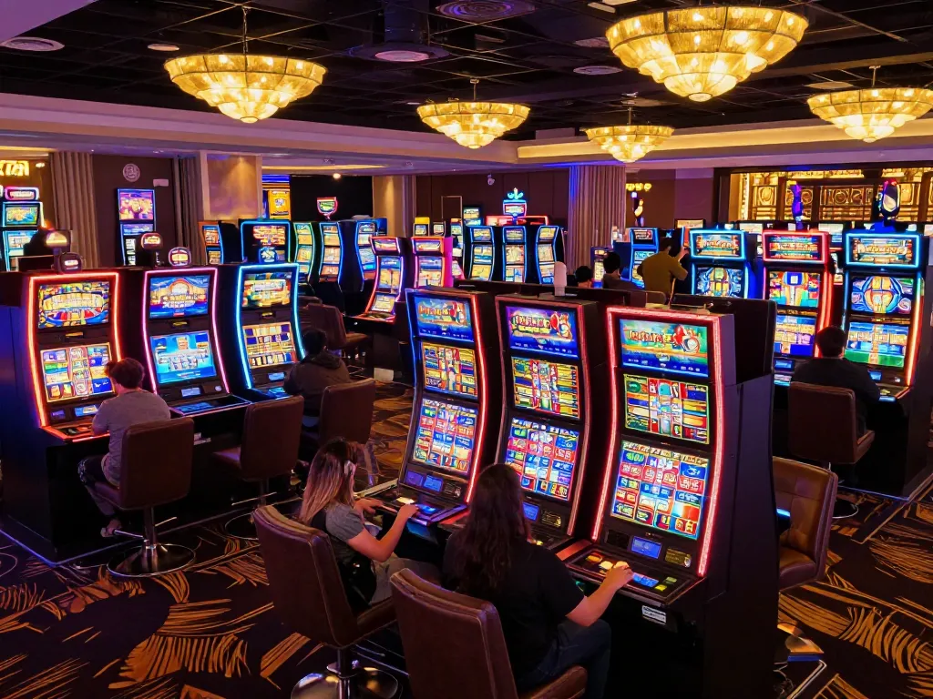 Pemain yang terlibat menikmati mesin slot yang hidup di kasino paris888, merayakan kemenangan di tengah kegembiraan neon.
