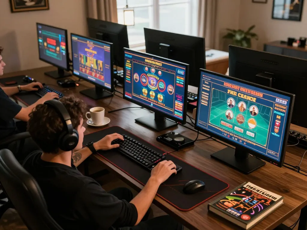 Engaging setup for casino americani online, showcasing a person actively playing games on multiple screens with strategy books around.